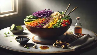 Vegan lunch bowl with quinoa, vegetables, and a soy-maple dressing, garnished with green onions, cashews, and sesame seeds on a simple table.
