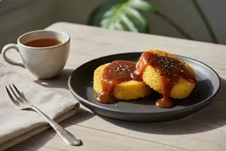 Miso-balsamic polenta cakes with glossy glaze and black sesame on charcoal stoneware, paired with oolong tea in a rustic Tuscany-meets-Tokyo style.