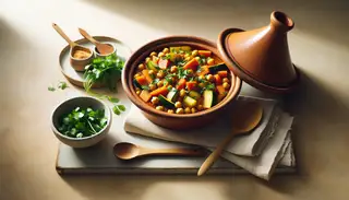 Simplistic dining setting with an earthy Moroccan tagine on a wooden table, showcasing a vibrant chickpea and vegetable stew, garnished with cilantro.