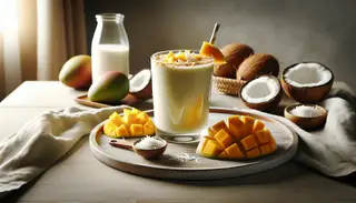 Vibrant Vegan Mango Coconut Smoothie in glass on serene, minimalist table setting, evoking freshness and calm.