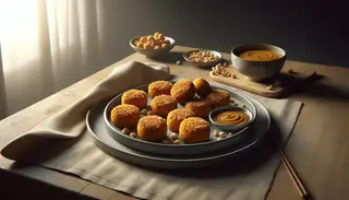 Golden-brown vegan patties made from sweet potato and butternut squash on a modern plate, with a dipping sauce, in a natural light setting.