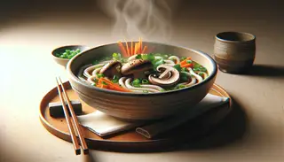 Image of a minimalist dining table with a bowl of Vegan Shiitake Mushroom Udon Soup, featuring vibrant ingredients and soft, warm lighting.