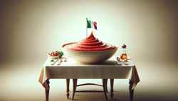 A beautifully set dining table with a vibrant bowl of Vegan Robust Sauce, exuding rich Italian flavors in a modern vegan twist.