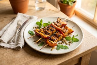 Grilled tempeh and nectarine skewers with a glossy glaze and fresh herbs on a white plate under warm natural light.