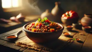 Rustic vegan African sticky sorghum stew in a clay bowl with sweet potatoes, tomatoes, and red bell pepper, topped with cilantro on a wooden table.