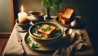 A cozy table setting featuring a rustic ceramic bowl with artisanal toast soaked in vegetable broth, garnished with fresh parsley.