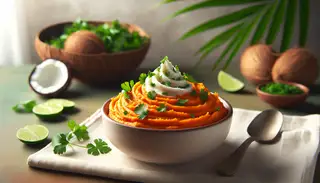 Creamy vegan whipped sweet potatoes with coconut milk swirls and cilantro in a modern bowl on a simple table, with a subtle tropical backdrop.