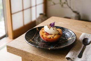 Binchotan-Grilled White Peach with White Miso and Amazake Cream Grilled white peach with white cream and buckwheat garnish on a dark handcrafted ceramic plate.