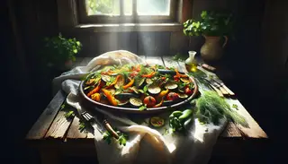 Imagine an idyllic scene of a beautifully set rustic wooden table, draped with a simple white linen tablecloth. Natural sunlight beams through a nearby window, casting a warm, inviting glow on the table. At the center lies a large ceramic platter carrying a vibrant medley of roasted vegetables - zucchini, bell peppers, and carrots. They're glistening with olive oil, rendered tender and slightly caramelized, testifying to their natural sweetness. What makes this ensemble truly exceptional is the liberal garnishing of finely chopped mixed herbs - the fragrant basil, the lively parsley, and the delicate dill. Their green hues contrast spectacularly with the roasted vegetables, making the plate an enticing array of colors and shapes. The aroma that permeates the air is a heady mix of earthiness from the roasted vegetables and refreshing scent from the herbs, alluding to a feast for the senses. The scene is complete with a few sprigs of fresh herbs scattered around the platter, for that extra touch of visual interest. This image invites you on a gastronomic journey, prompting you to relish nature's bounty and enjoy a moment of pure, unadulterated culinary delight.