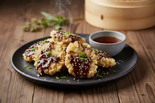 Smoked Lion’s Mane Koji fritters with black garlic lacquer on a charred wood table. A minimalist, artisanal blend of tradition and plant innovation.