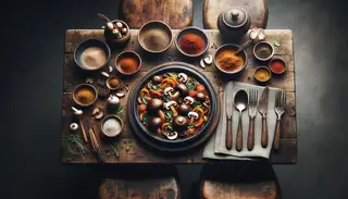 A rustic wooden dinner table set with a vibrant African-inspired vegan mushroom stew as the centerpiece, exuding warm and earthy tones.