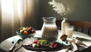 A glass pitcher filled with a refreshing vegan coconut milk beverage, adorned with tapioca pearls and fresh fruits.