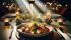 Visually depict a dining scene where the spotlight is on a beautifully set table holding a tantalizing vegan dish. The vegan dish is intricately decorated with vibrant vegetables, soft tofu, and is delicately sprinkled with fresh herbs. A rich, glistening umami sauce elegantly cascades over it, adding an inviting depth and complexity. The soft glow of dining room lights illuminates the dish, making the sauce sparkle and boost its allure. An aromatic, irresistible scent of the umami sauce fills the air of this dining room, creating an atmosphere of anticipation for the culinary journey that awaits.
