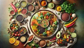 Visualize an appetizing image of a tastefully set umami lunch table, emphasizing a tantalizing plant-based African cuisine. The table is decorated with vivacious colors and different textures, encapsulating the heart of African culinary art. The main dish is the cynosure, featuring aromatic quinoa and a mixed vegetable array, garnished with freshly plucked parsley. Elements that echo the diverse panorama of African ingredients, such as bowls filled with various aromatic spices, colorful tropical fruits, and an array of locally gathered ingredients adorn the surrounding table. The overall image breathes warmth and allure, inviting the viewer to partake in the irresistible umami allure of this vegan African feast.