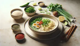 Image of creamy coconut vegan ramen in a ceramic bowl, garnished with green onions, cilantro, sesame seeds, and chili flakes, exuding inviting warmth.