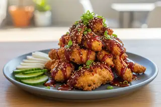 Crispy Szechuan oyster mushrooms with Gochujang BBQ glaze, scallions, and pickled daikon on a matte grey plate in bright, natural light.