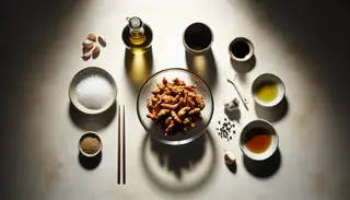 A minimalist table setting with a glass bowl of vegan marinade, surrounded by olive oil, soy sauce, and garlic on a neutral-toned surface.