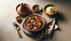 Minimalist dinner setting with a vegan spiced tagine in a traditional pot, showing root vegetables and chickpeas, garnished with cilantro, beside fluffy couscous. Neutral background.