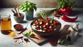 A vibrant, picturesque dish of smoked jackfruit over rice, seasoned with hoisin and soy, garnished with scallions, red bell peppers, and basil on a clean table.