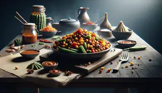 Vibrant vegan African sauce in a tantalizing table setting, showcasing rich colors and inviting presentation for a culinary journey.