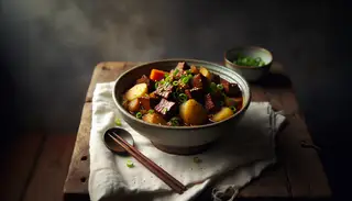 Image of a rustic wooden table with a ceramic bowl of Asian-spiced Seitan 'Beef' Stew, garnished with scallions and sesame seeds, in soft natural light.