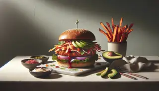 Realistic image of a Vegan Kimchi BBQ Burger on a simple table, featuring whole wheat bun, vegan patties, kimchi, avocado, and a glossy dressing, with sweet potato fries.