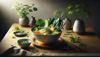 Steaming bowl of vegan miso ramen with bok choy, carrots, shiitake mushrooms, and noodles, garnished with green onions, nori, sesame seeds, and cilantro on a wooden table.