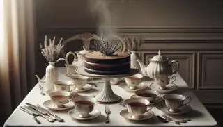 Elegant high tea setting with a vegan Earl Grey chocolate cake on a vintage stand, surrounded by fine china and subtle floral accents.