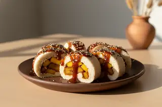 Sliced coconut fonio rolls with mango and ginger plantains, drizzled with tamarind glaze on a dark terracotta plate in warm golden light.