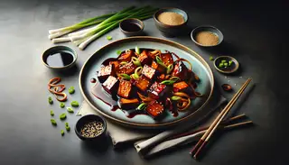 Asian-inspired vegan BBQ jackfruit dish with hoisin glaze, green onions, and sesame seeds on a stylish plate, minimalist setting, in natural light.