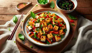 Asian-inspired vegan tofu dish with golden-brown tofu, red bell peppers, carrots, and green onions, garnished with fresh herbs and soy-sesame sauce, on a white plate.