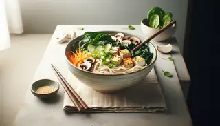 Silky vegan Asian noodle bowl with rice noodles, tofu, shiitake, carrots, spinach, garnished with onions, sesame seeds, and cilantro on a simple table.