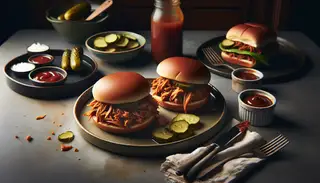 Vegan pulled jackfruit sandwiches on toasted buns, served with pickles and extra BBQ sauce, on an elegant plate with a blurred background.