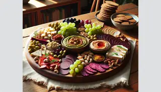 Elegant vegan charcuterie platter with cashew cheeses, vegan salami, and assorted nuts, set on a wooden table in natural light.