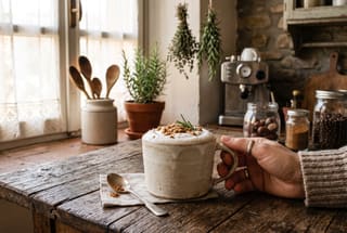Roasted Chestnut and Sea Salt Cheese Latte Vegan roasted chestnut latte with a thick white cream foam top and nut crumbles in a ceramic mug on a rustic wooden table.