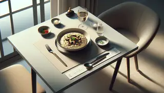 A creamy Vegan Mushroom and Miso Risotto on a simple elegant table, garnished with scallions, radiating rich umami aromas.