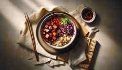Vegan Smoky Asian BBQ Bowl with caramelized jackfruit, brown rice, and vibrant vegetable garnishes, presented on a rustic wooden table under natural light.