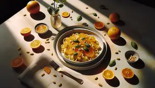 Minimalist dining setup with Vegan Candied Citrus Pasta in sunlight, featuring candied oranges, pine nuts, fresh basil, and a white linen napkin.