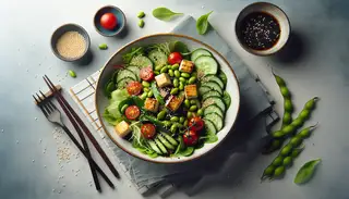 Vibrant Asian salad with greens, cherry tomatoes, cucumbers, edamame, tofu cubes, and sesame seeds on a minimalist table setting.