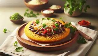 Crispy vegan arepa on a stylish plate, filled with black beans, bell peppers, onions, vegan cheese, and cilantro, set against a neutral background.