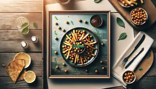 Vibrant Vegan BBQ Chickpea Fries as the star attraction, exuding rustic elegance and irresistible crunch, set amid a charming BBQ scene.