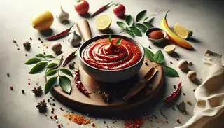 Vibrant, aromatic sauce in a dish on a minimalistic table setting, exuding bold flavors and textures, a culinary masterpiece.