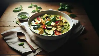 Creamy vegan Thai Green Curry in a white bowl with tofu, zucchini, red bell pepper, and baby corn, garnished with basil on a wooden table.
