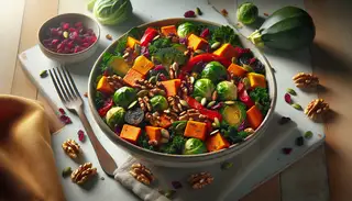 Hyper-realistic image of a vibrant vegan salad in a ceramic bowl on a light table, featuring caramelized vegetables and kale, topped with cranberries and nuts.