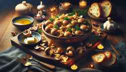 Visualize a beautifully arranged dining table topped with a tantalizing vegan appetizer of buttered mushrooms. The olfactory delight of melted vegan butter intertwines with the scent of garlic and the terrestrial aroma of mushrooms. The dish is a dazzling fusion of age-old Asian tastes and modern vegan cookery. The golden-brown mushrooms sparkling with a buttery gloss call you to take a bite. The spruce touch of freshly chopped parsley sprinkling on top harmonizes with a dash of tang introduced by a squeeze of lemon. Alongside the appetizer, you see crusty bread or crispy crackers, tempting you to soak in the buttery sauce. As you sit at the table, you are struck by the aesthetic excellence of this vegan masterpiece. The symphony of colors and textures assures an explosive flavor with each morsel. This scrumptious appetizer prepped by an esteemed anonymous vegan chef from Japan awaits your indulgence.