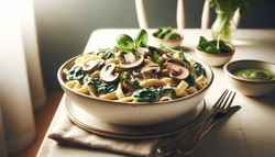 Vegan creamy mushroom and spinach pasta in a white bowl, garnished with fresh herbs, on a simple table with a silver fork.