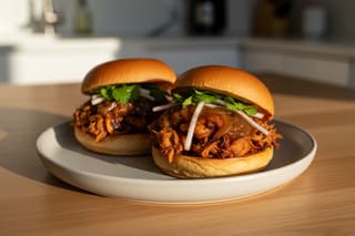 Vegan jackfruit sliders with miso-peach glaze, caramelized onions, and cilantro on a ceramic plate in warm, golden California sunlight.