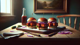 A serene scene showcasing BBQ Jackfruit Sliders, a vegan twist on classic BBQ, elegantly presented on a wooden table, inviting with smoky flavors.