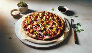 Vegan artisan pizza with hoisin, pineapple, tofu, and vegan cheese on a stylish, minimalist table bathed in natural light.