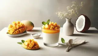 Elegant Coconut Mango Panna Cotta in a transparent glass, topped with mango slices and mint, on a light table with a soft, neutral backdrop.